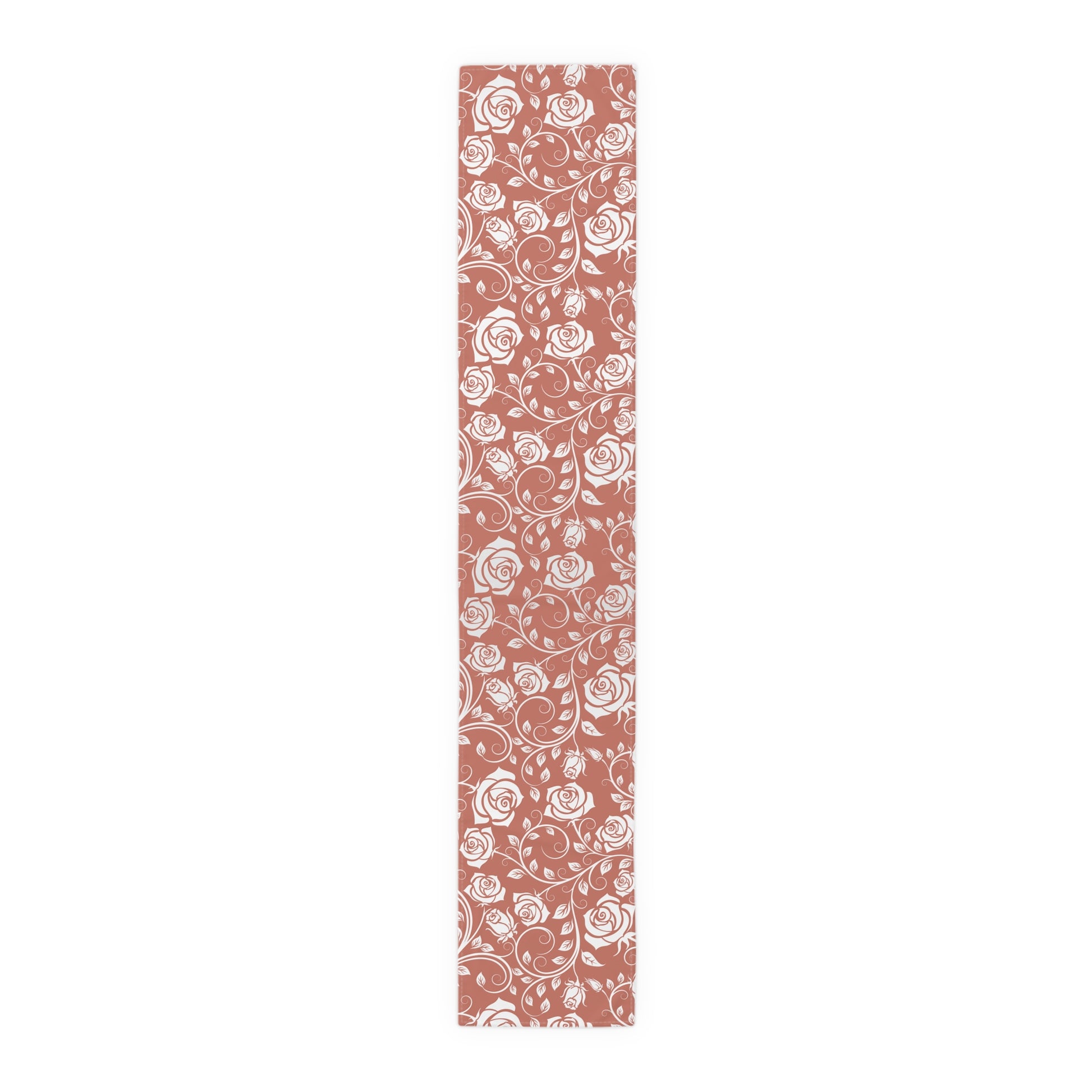 16" x 90" Cotton twill table runner with white and red floral pattern on a white background