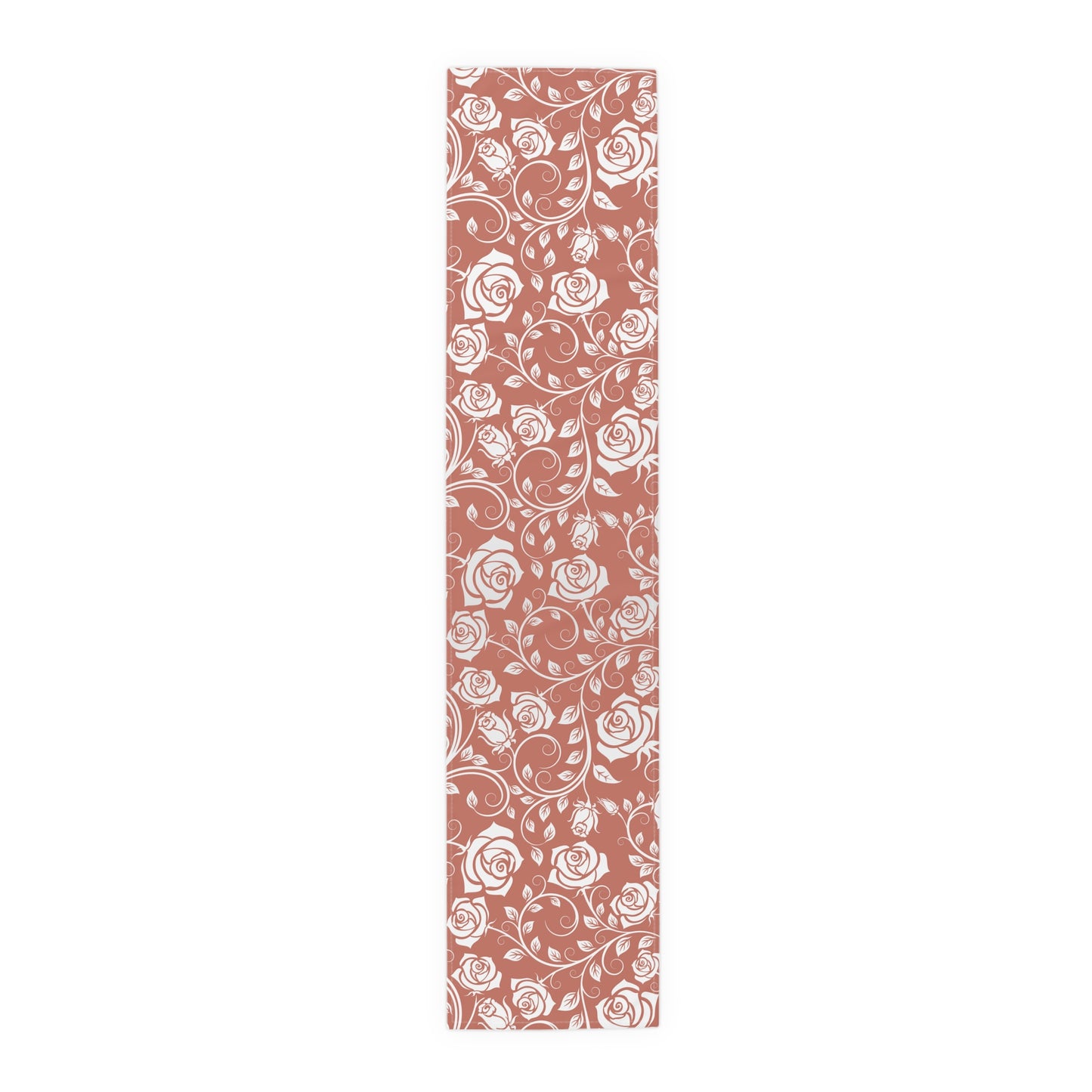 16" x 72" cotton table Runner with white and red floral pattern on white background