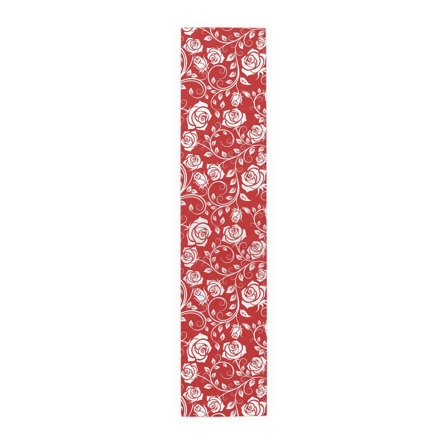 16" x 72" polyester red and white floral patterned table runner on a white background