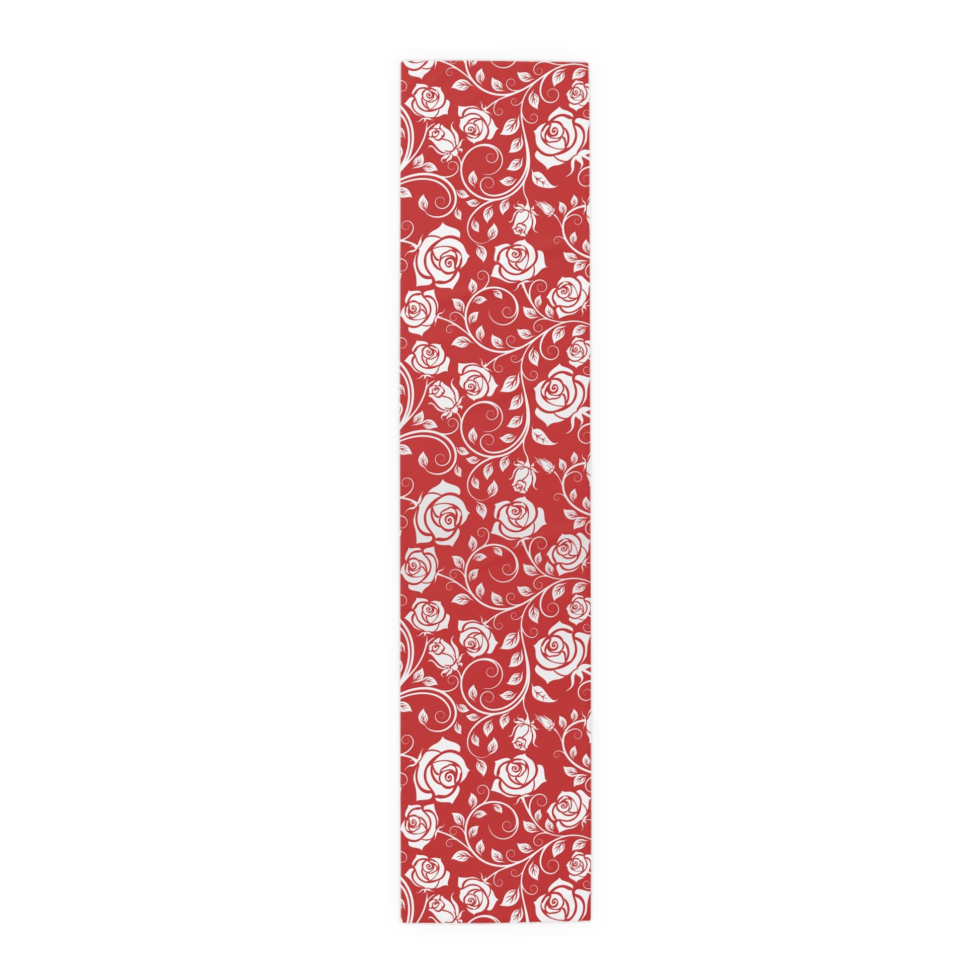 16" x 72" polyester red and white floral patterned table runner on a white background