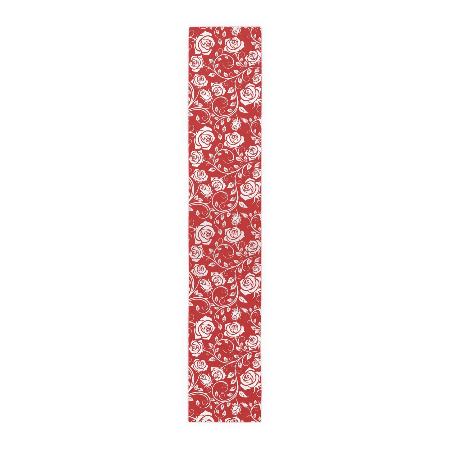 16" x 90" polyester red and white floral patterned table runner on a white background
