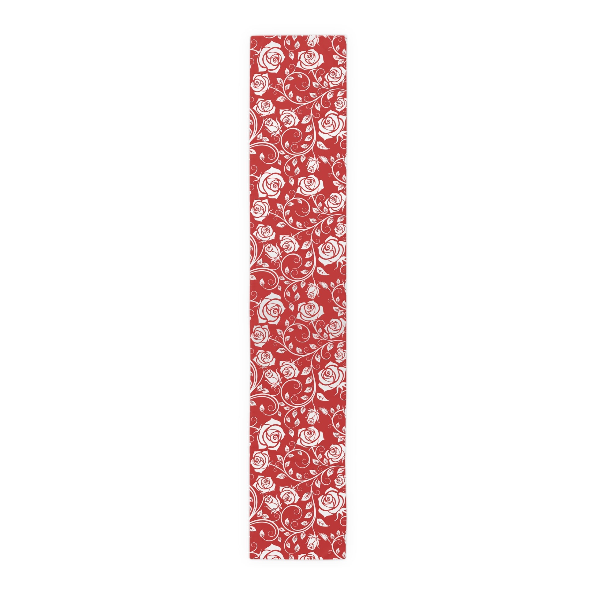 16" x 90" polyester red and white floral patterned table runner on a white background