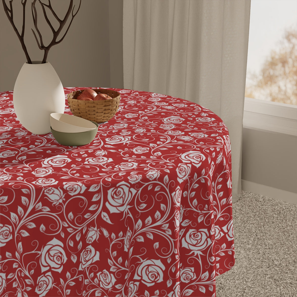 White & Red Roses Tablecloth - 58" × 58" and 58" × 102" Sizes, Winter / Christmas Tablecloth - Party Tablecloth, Valentine's Day Tablecloth, Wedding, Dining Tablecloth, White & Red Tablecloth