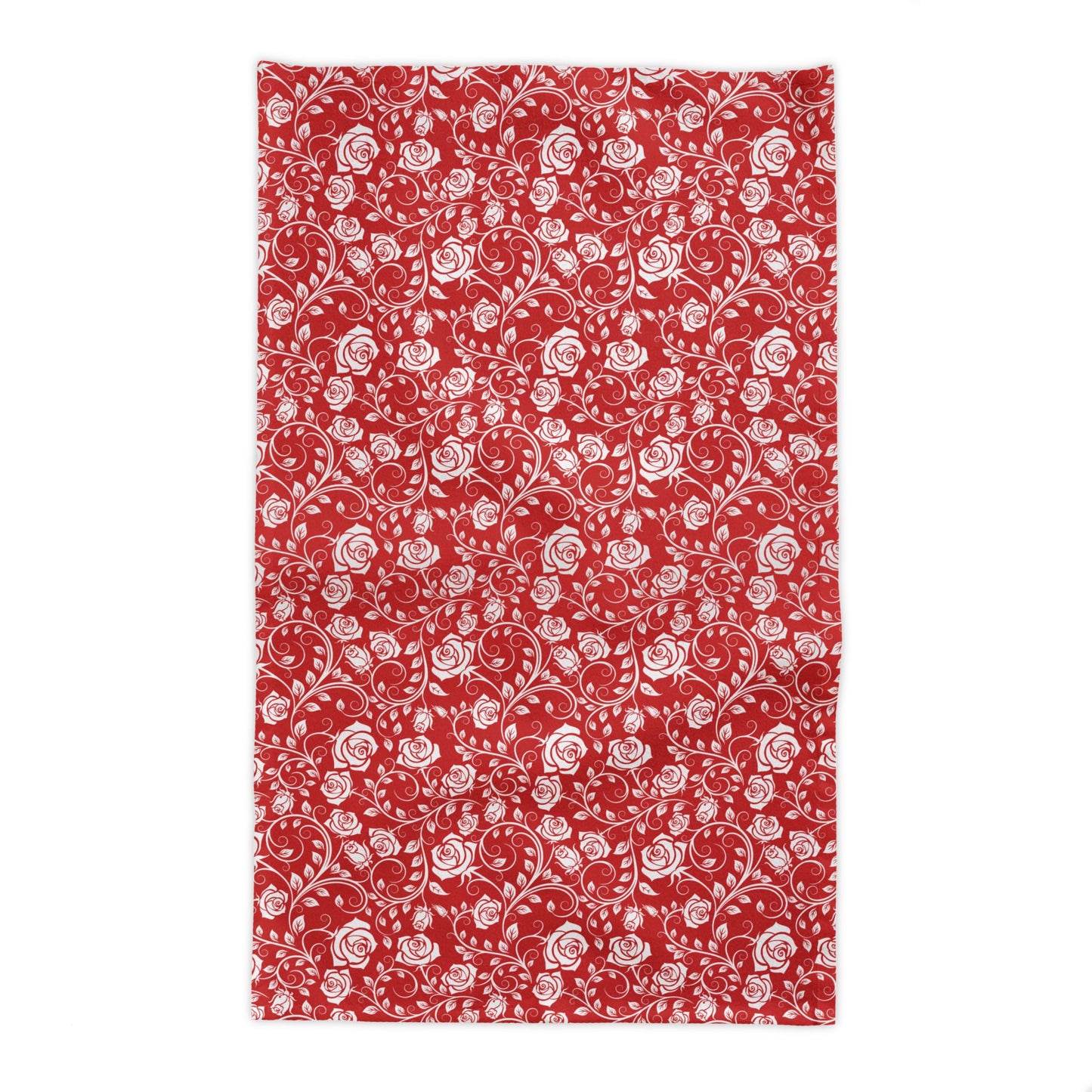 Red rectangle tablecloth with white floral pattern on a white background