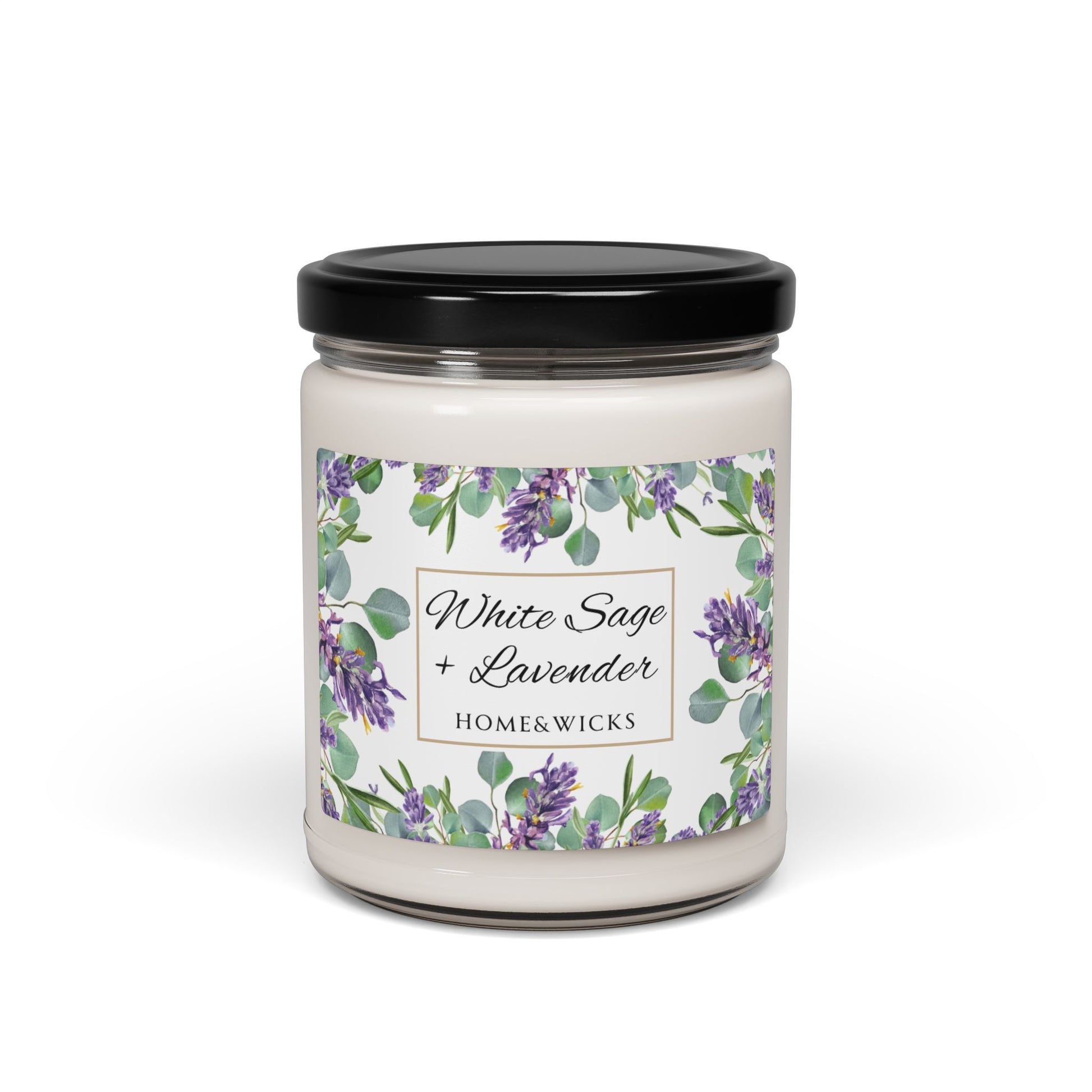 Home and wick candle with white sage lavender floral label on a white background