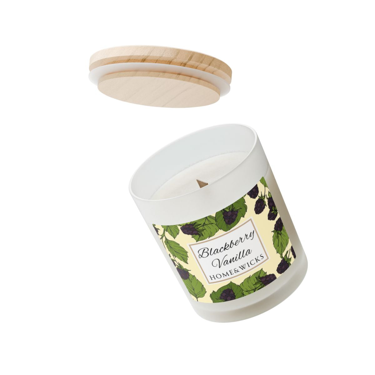Wood wick Blackberry Vanilla candle with a label featuring blackberries and leaves image with wood bamboo lid on a white background by Home & Wicks