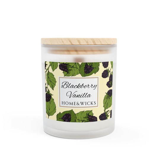 Wood wick Blackberry Vanilla candle with a label featuring blackberries and leaves image on a white background by Home & Wicks
