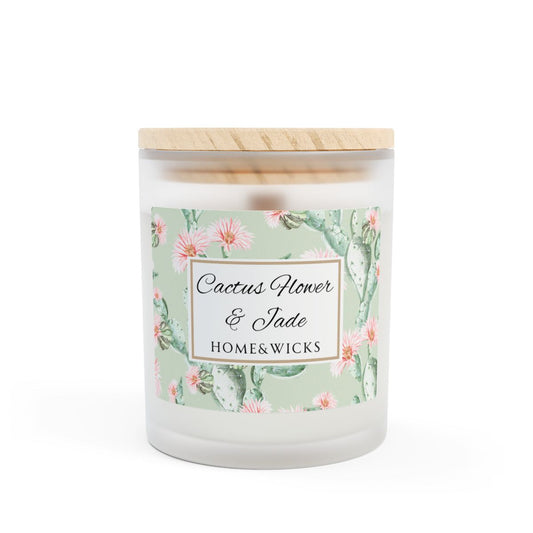 Cactus Flower and Jade Wood wick candle with a cactus floral label on a white background