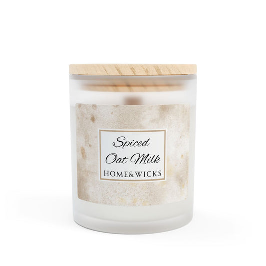 Wood wick candle with a wooden lid labeled 'Spiced Oat Milk' by Home & Wicks on a white background