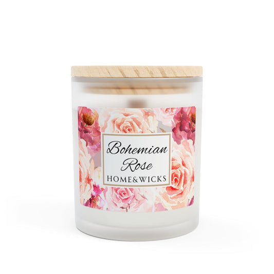 Wood wick candle with red and pink rose floral design and 'Bohemian Rose' label on a white background
