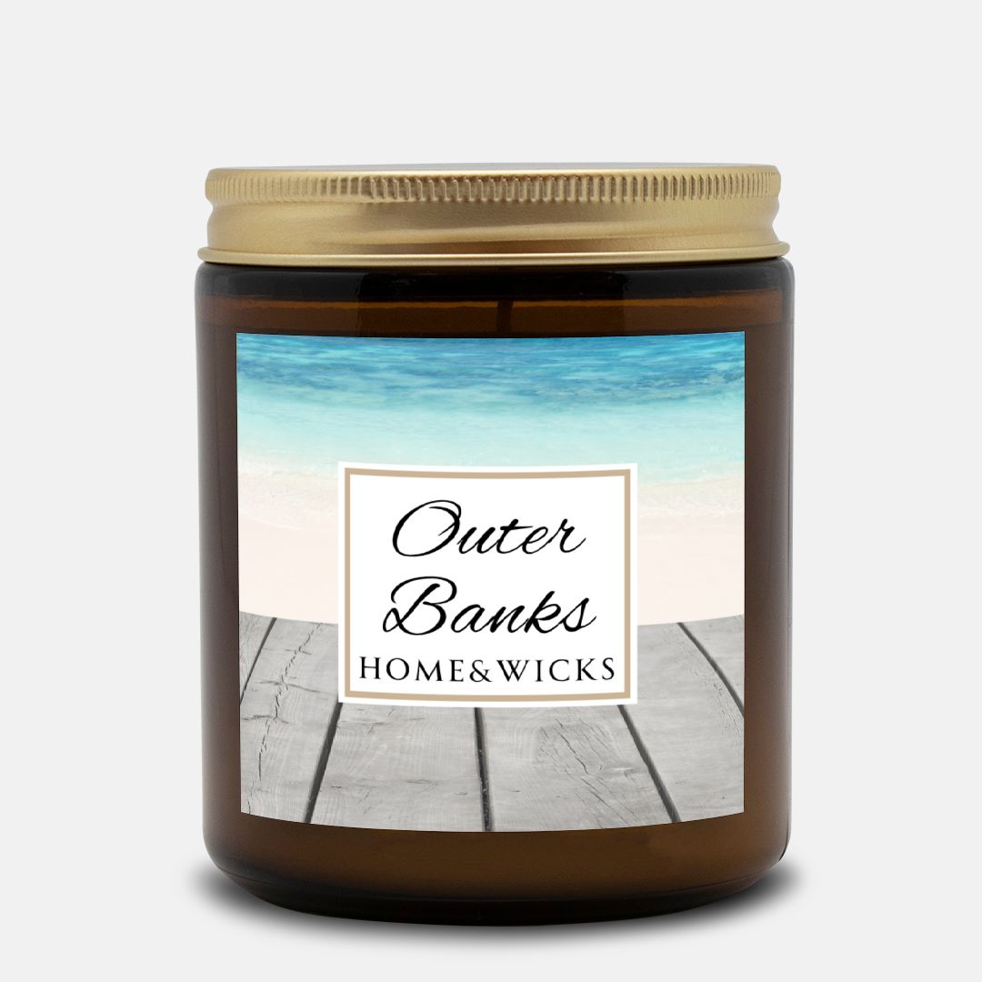 Outer Banks Coconut Apricot Wax Candle, 9 oz. Amber Jar, Gold Lid, Cotton Wick - Coastal Beach Scented Candle, Aromatic Woody Aromatherapy