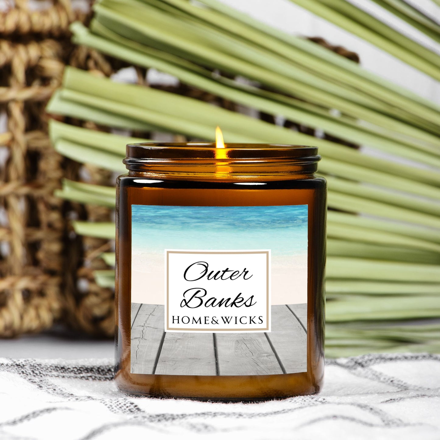 Outer Banks Coconut Apricot Wax Candle, 9 oz. Amber Jar, Gold Lid, Cotton Wick - Coastal Beach Scented Candle, Aromatic Woody Aromatherapy