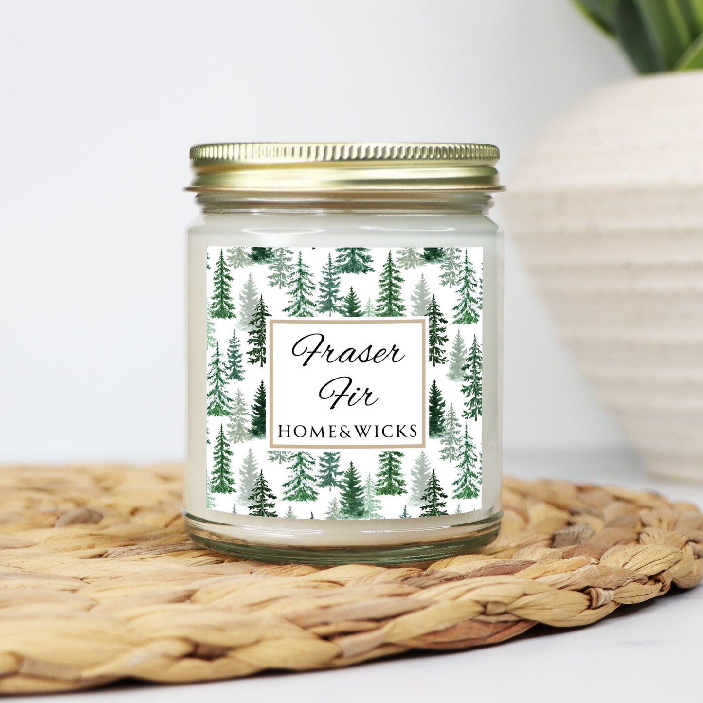 Fraser Fir Scented 9 oz. Coconut Apricot Wax Candle, Clear Jar with Gold Lid, Cotton Wick - Christmas Candle, Holiday Decor, Winter Candle