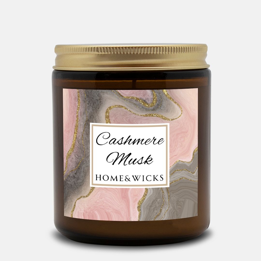 Cashmere Musk Coconut Apricot Wax Candle, Amber Jar with Gold Lid, Cotton Wick -  Luxe Scented Candle, Calming Aroma, Musk Floral Candle