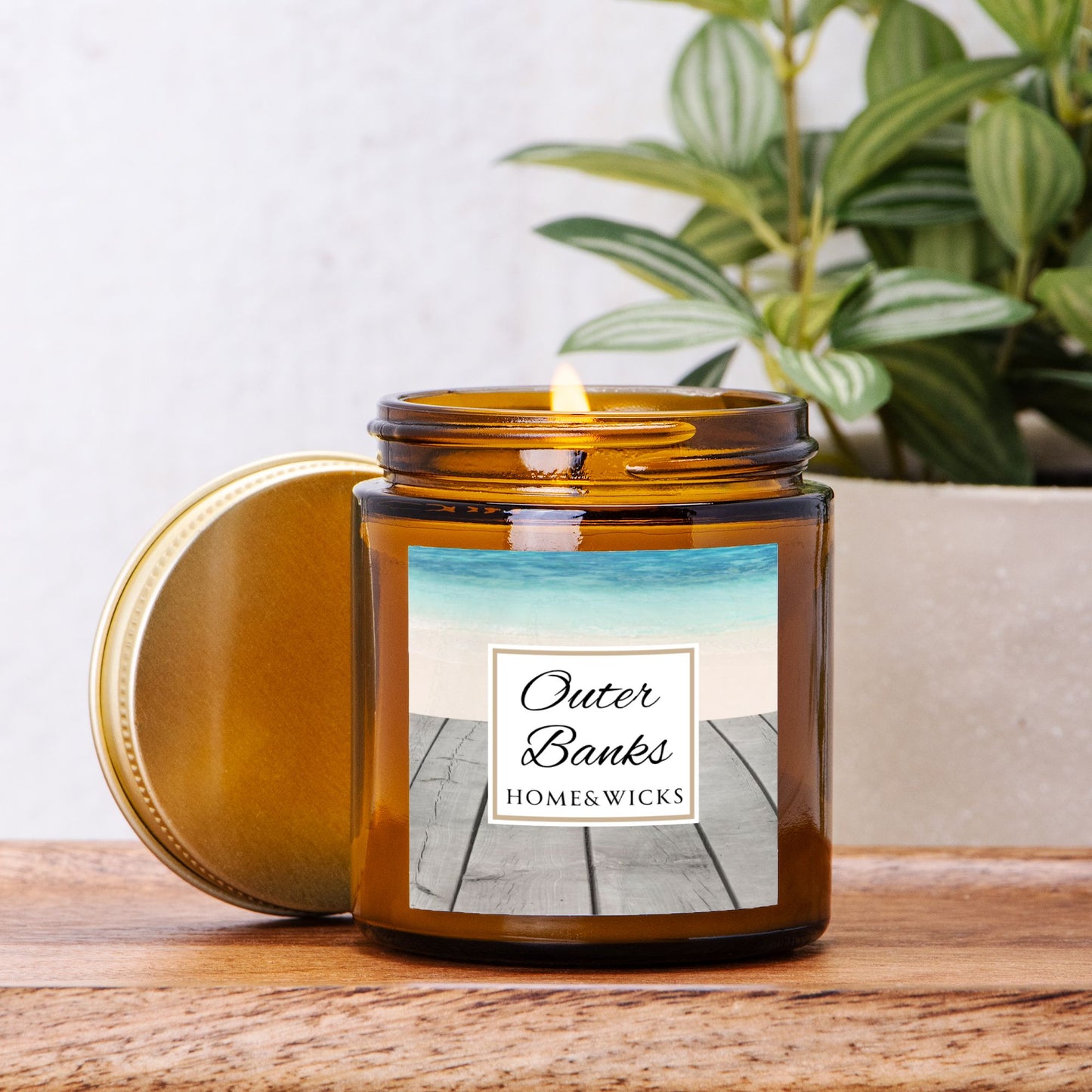 Outer Banks Coconut Apricot Wax Candle, 4 oz. Amber Jar, Gold Lid, Cotton Wick - Coastal Beach Scented Candle, Aromatic Woody Aromatherapy