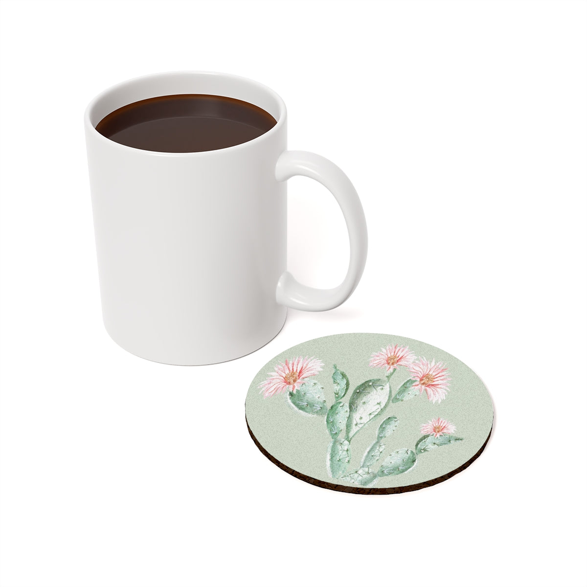 Cactus Flower - Round Hardboard Coaster, Cork Backed  - 3.75" x 3.75" - Priced per coaster