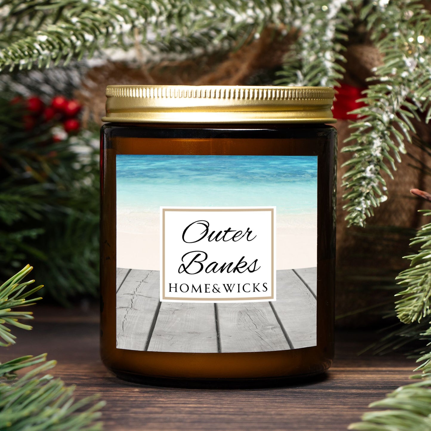 Outer Banks Coconut Apricot Wax Candle, 9 oz. Amber Jar, Gold Lid, Cotton Wick - Coastal Beach Scented Candle, Aromatic Woody Aromatherapy