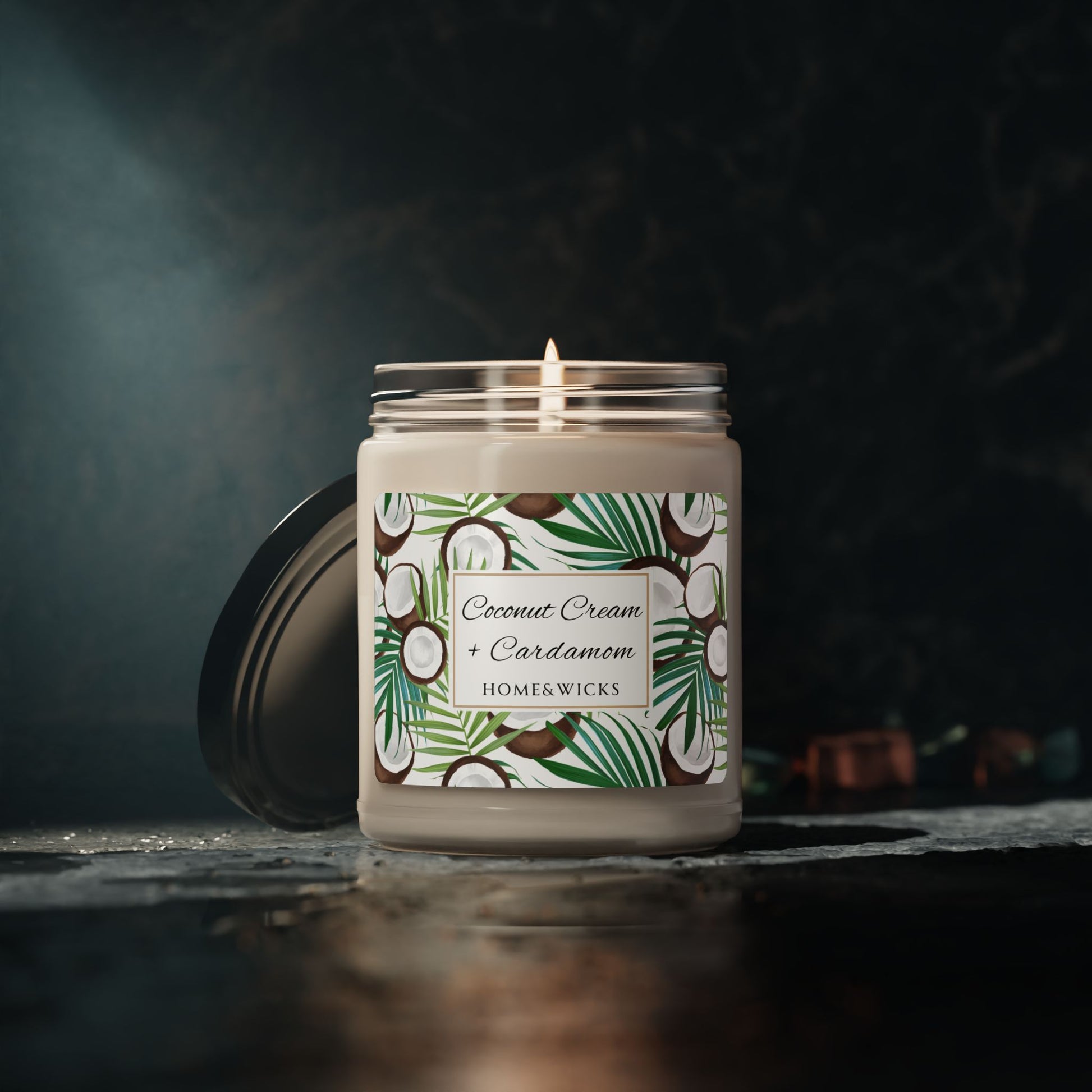Homewicks coconut cream and cardamom candle with a decorative label on a dark background