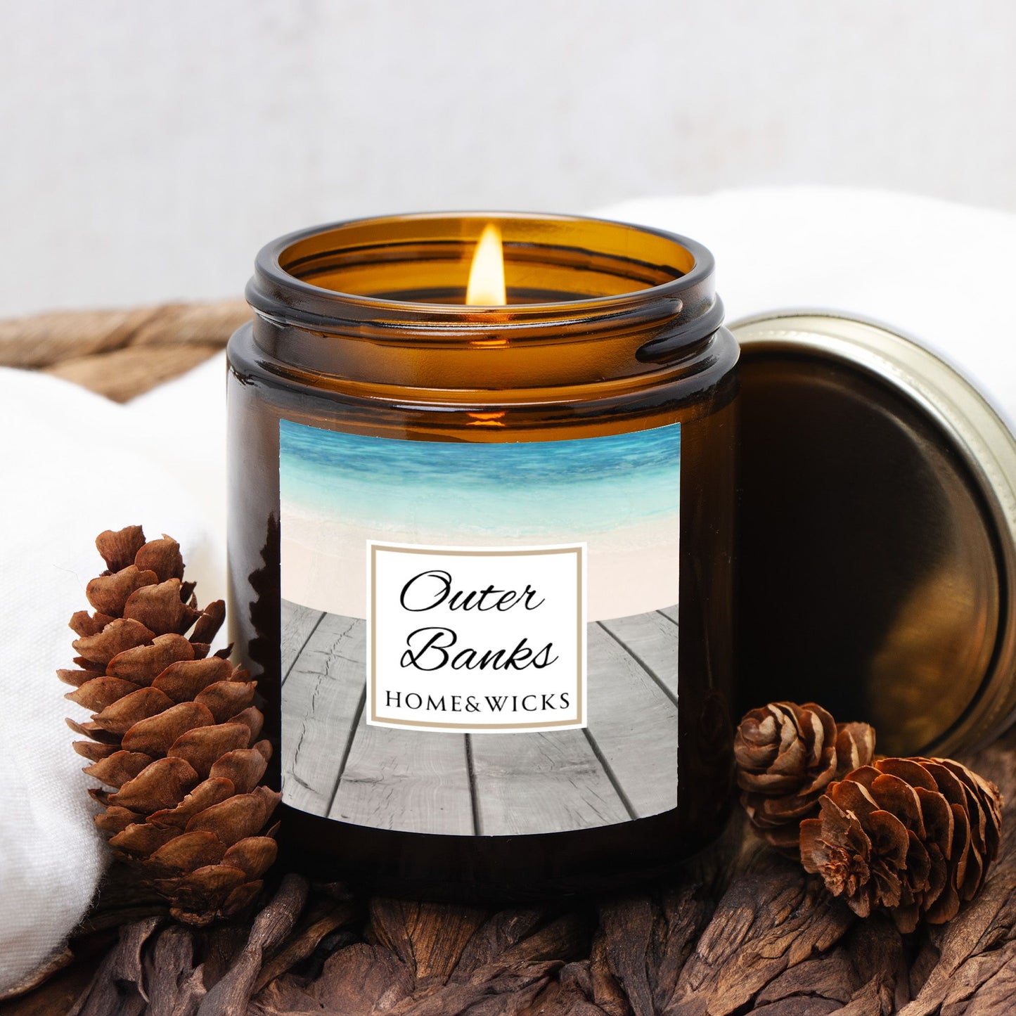 Outer Banks Coconut Apricot Wax Candle, 4 oz. Amber Jar, Gold Lid, Cotton Wick - Coastal Beach Scented Candle, Aromatic Woody Aromatherapy