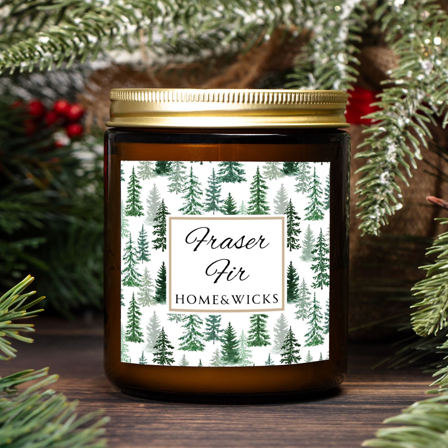 Fraser Fir Coconut Apricot Wax Candle, 9 oz. Amber Jar with Gold Lid, Cotton Wick - Christmas Candle, Holiday Decor, Winter Candle