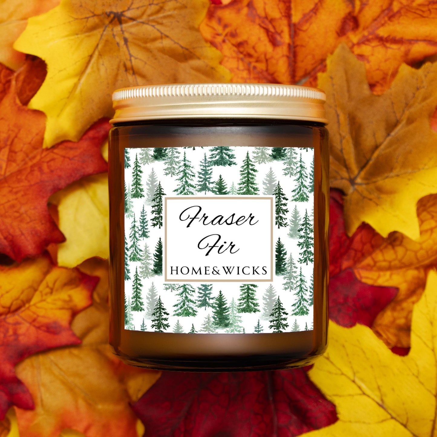 Fraser Fir Coconut Apricot Wax Candle, 9 oz. Amber Jar with Gold Lid, Cotton Wick - Christmas Candle, Holiday Decor, Winter Candle