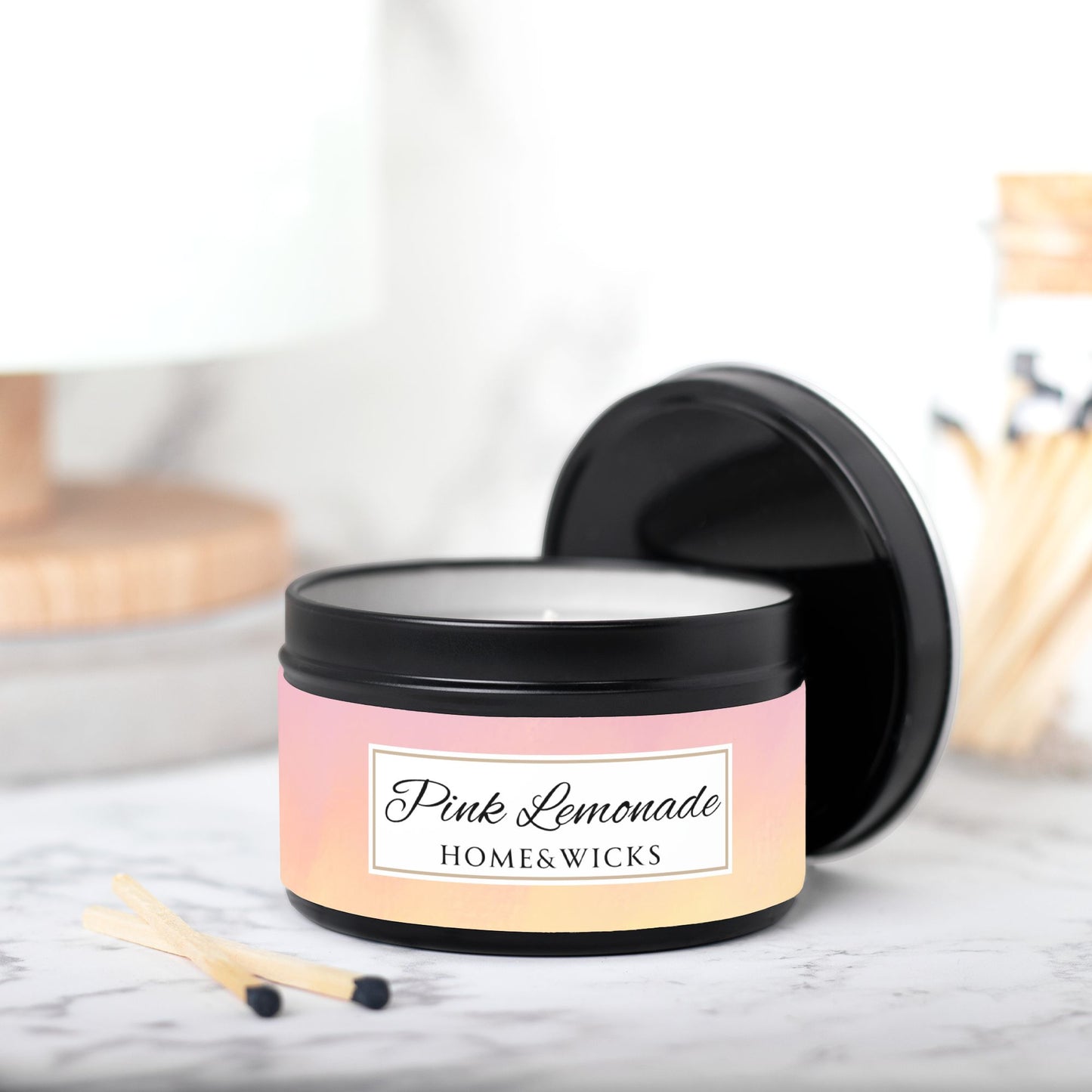 Pink Lemonade Coconut Soy Wax Candle, 8 oz. Black Tin Jar with Lid - Fruity Scented Candle, Gourmand Candle, Summer Decor