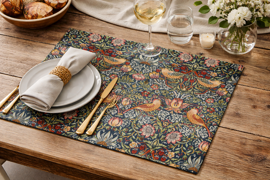 Decorative farmhouse table setting with a cotton twill botanical placemat that has the Strawberry Thief illustration by William Morris on the front of the placemat that sits on a wooden table.