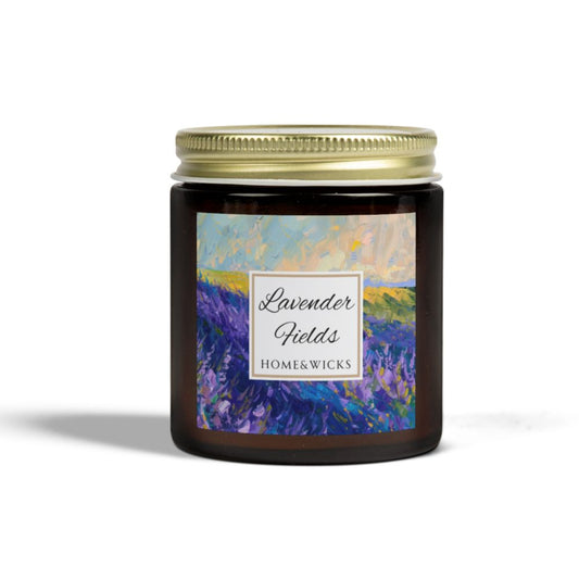 Lavender Fields Scented Coconut Apricot Wax Candle, 4 oz. Amber Jar with Gold Lid - Lavender Scented Candle, Home Decor, Spa Floral Candle