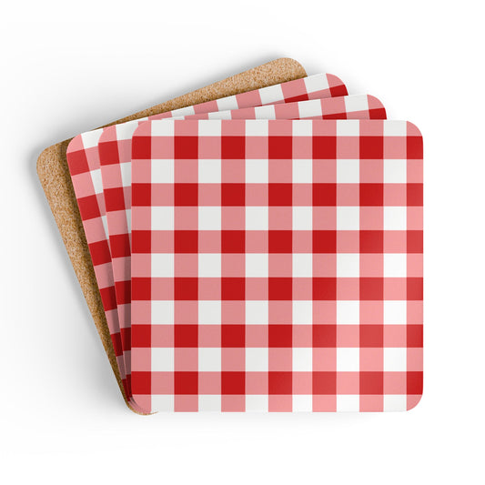 Red and white gingham checkered coasters with red and white checkered pattern on front of coasters with cork backing on a white background